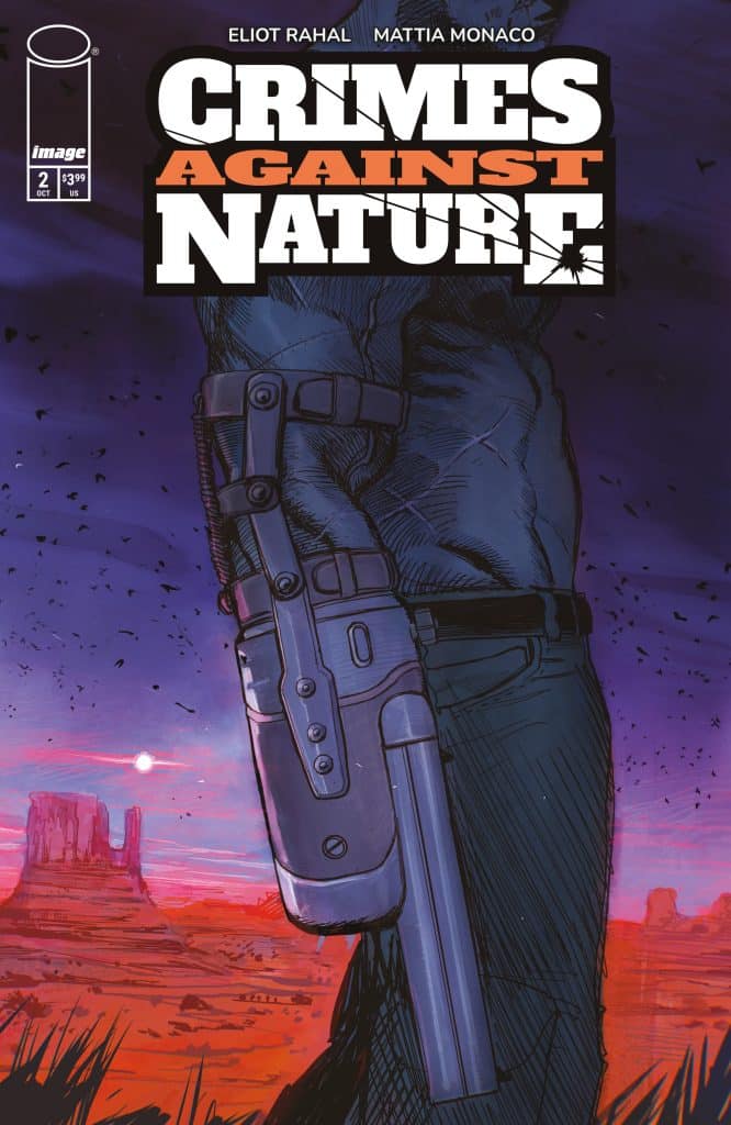 Cover of the comic book 'Crimes Against Nature' featuring a character holding a weapon, set against a dramatic sunset in a desert landscape.