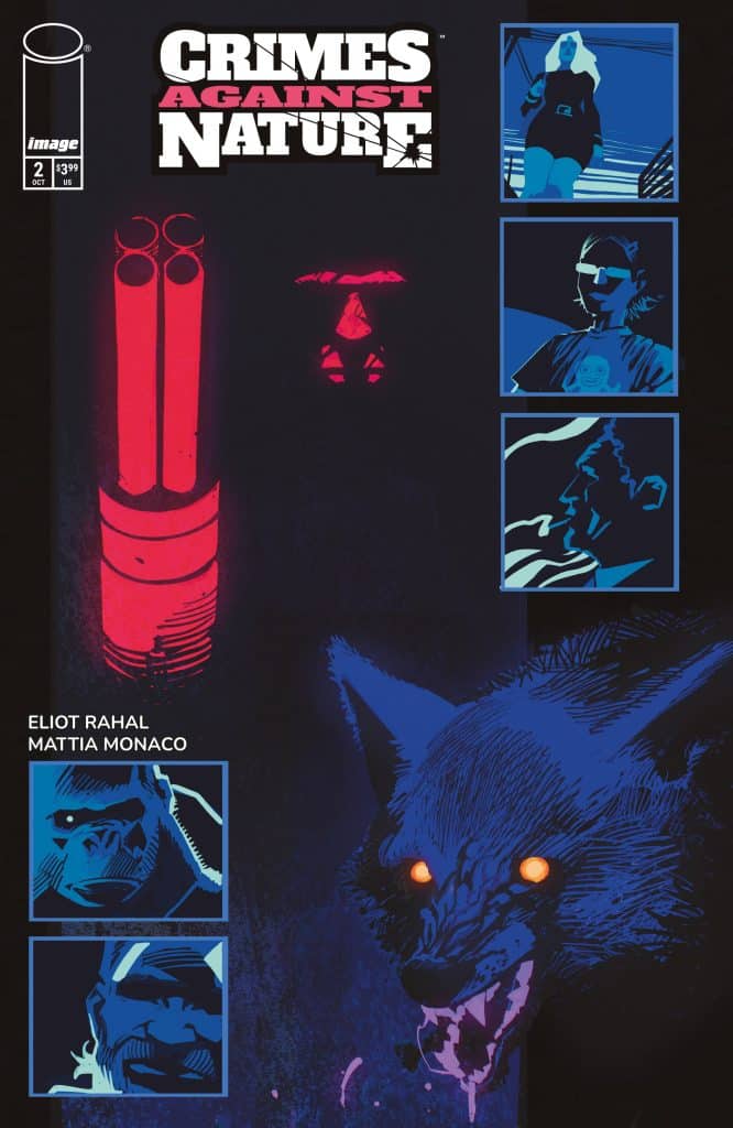 Cover of the comic book 'Crimes Against Nature' featuring bold graphic illustrations, including characters, a wolf-like creature, and pistols, with a vibrant color palette of blue and pink.