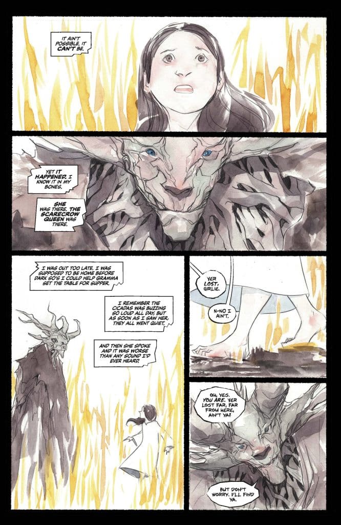 A frightened young girl looks up with wide eyes, surrounded by flames, while a monstrous creature with antlers looms nearby, speaking to her.