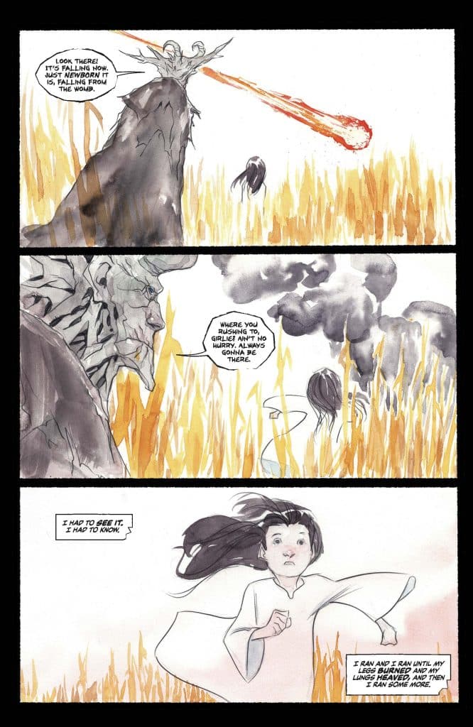 A comic panel depicting a dramatic scene with a fiery object falling from the sky in a fiery landscape. Two figures are visible: a menacing, shadowy character and a young girl wearing a white dress, who appears to be frightened and is running.