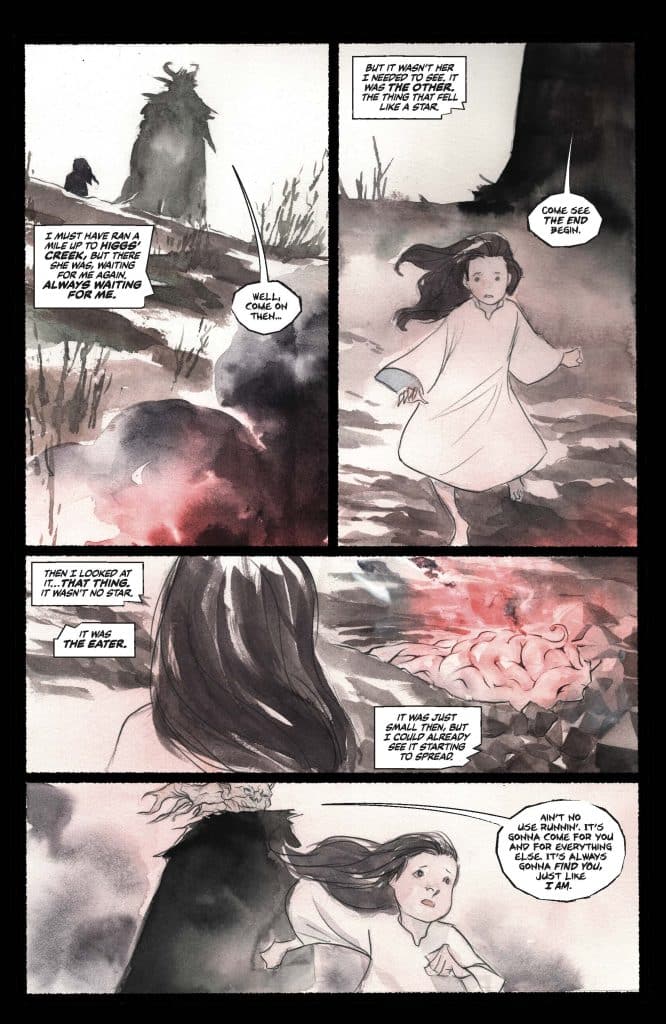A comic page depicting a girl in a white dress looking scared while running away from a dark figure in a shadowy, eerie forest. The scene conveys a sense of urgency and fear as the girl reacts to an ominous threat described as 'the eater.'