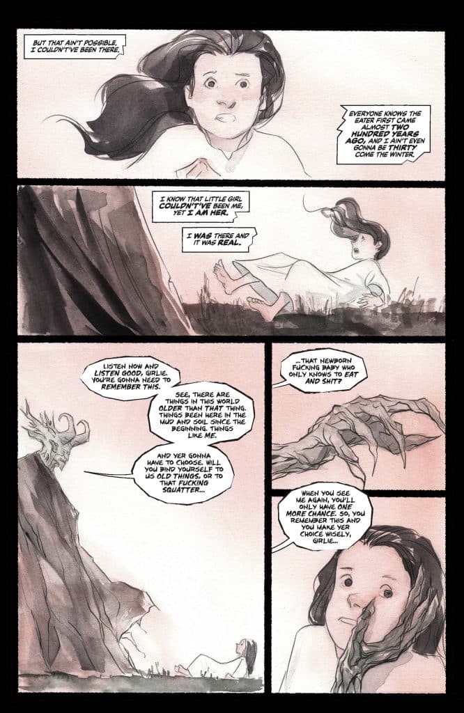 A comic page featuring a dialogue between a young girl and a mysterious figure. The girl appears surprised and contemplative, while the figure, with goat-like features, delivers a warning about ancient beings and choices in a dark, eerie setting.