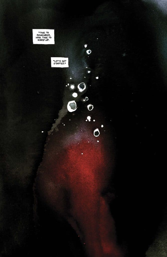 Abstract watercolor image featuring dark tones with red and white splashes, accompanied by dialogue boxes saying, 'Time to remember, now. Time to wake up.' and 'Let's get started.'