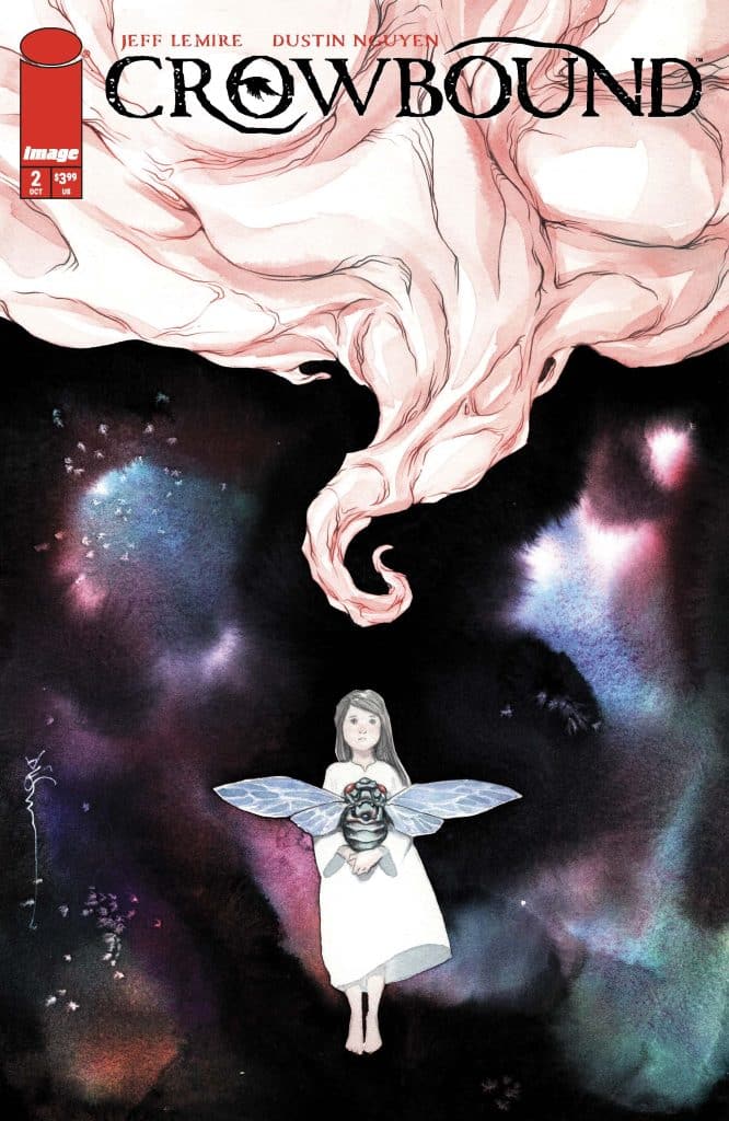 Comic book cover for 'Crowbound' issue 2 featuring a girl in a white dress holding a large bug with wings against a colorful, abstract background.