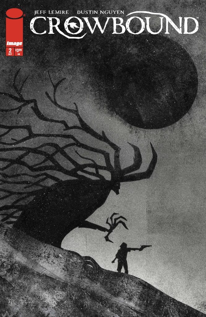 Cover of the comic book 'Crowbound' featuring a silhouette of a figure pointing a gun at a large, shadowy creature with tree-like branches against a dark moonlit background.
