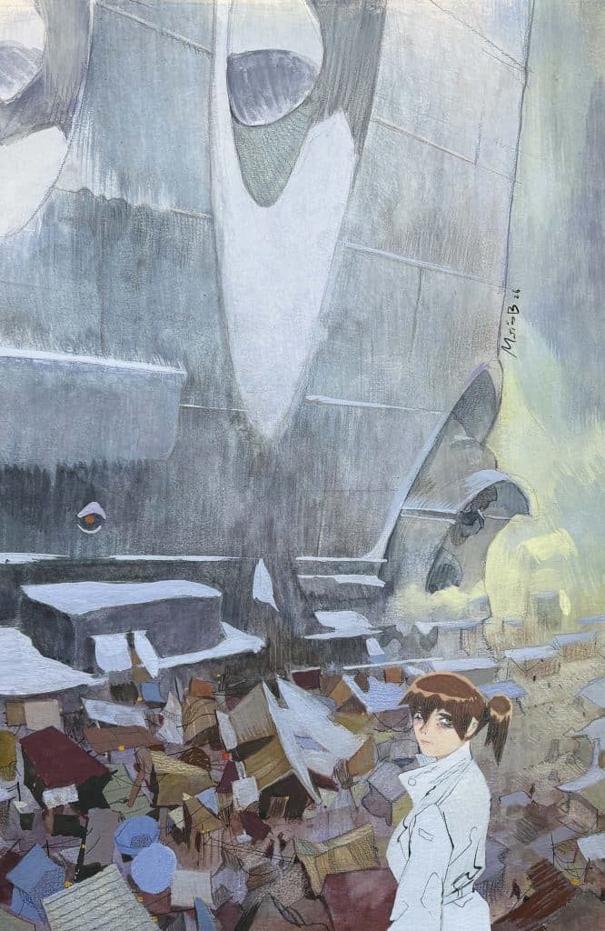 A young woman in a white jacket stands amidst a pile of debris, looking towards the viewer. The background features a large, abstract structure with gray tones and subtle details.