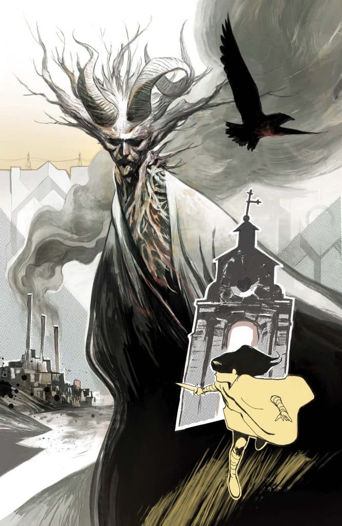 A mythical figure with deer-like horns and a haunting expression looms over a landscape of smoke and factories, while a raven flies above. In the foreground, a cloaked figure charges with a sword toward a dark silhouette of a church.