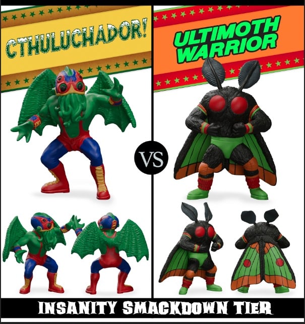 A colorful showdown between two action figures: Cthuluchador, a green and blue creature with wings and a grapple mask, on the left, and Ultimoth Warrior, a black figure resembling a moth with exaggerated features, on the right. The background features bold text labels for each character and a central 'VS' graphic.