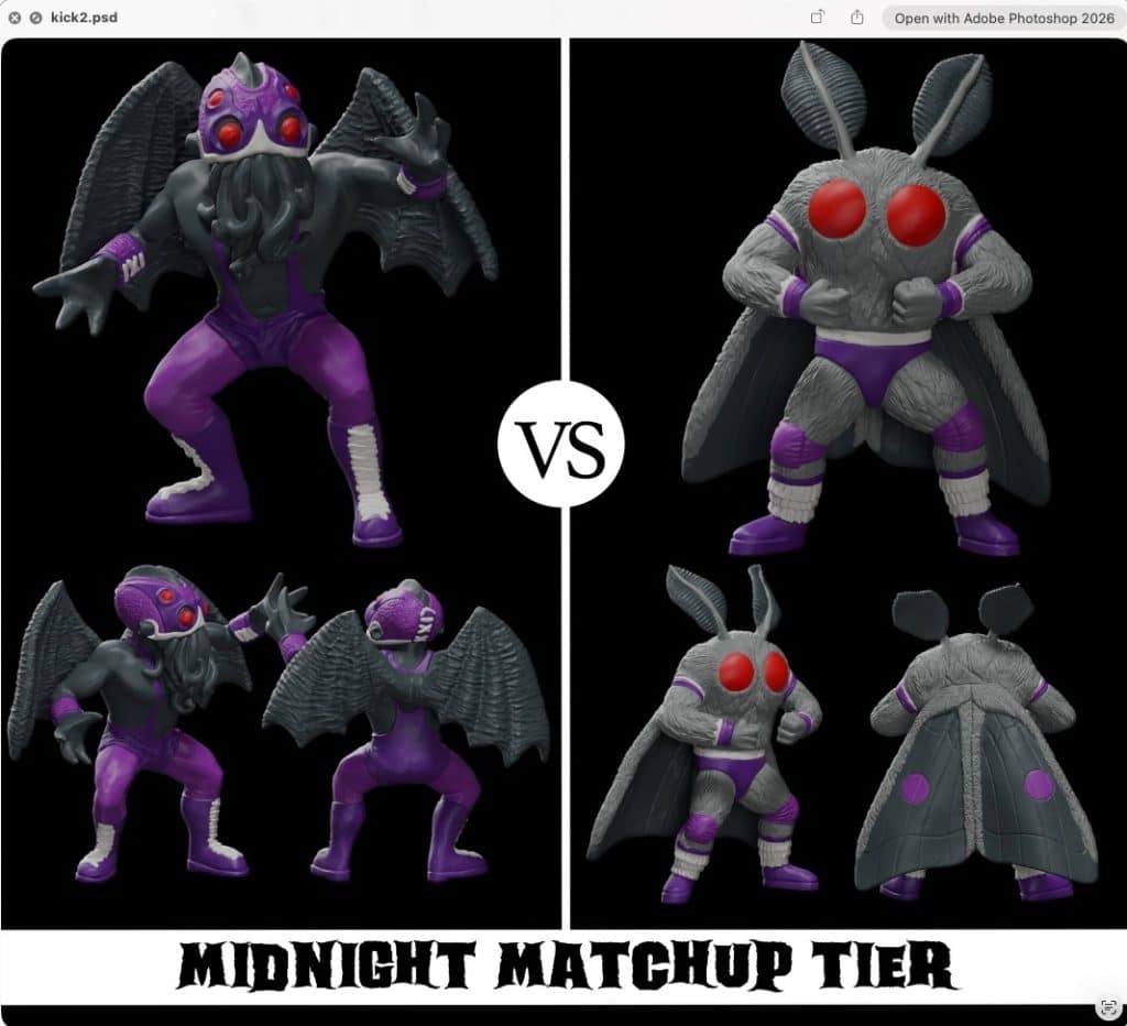 A digital artwork depicting two fictional characters in a matchup setting. On the left, a purple-skinned creature with bat-like wings and a hooded appearance. On the right, a large, furry insect-like character with prominent red eyes and antennae. The background is dark, emphasizing the colorful designs of the characters. The words 'MIDNIGHT MATCHUP TIER' are displayed at the bottom.