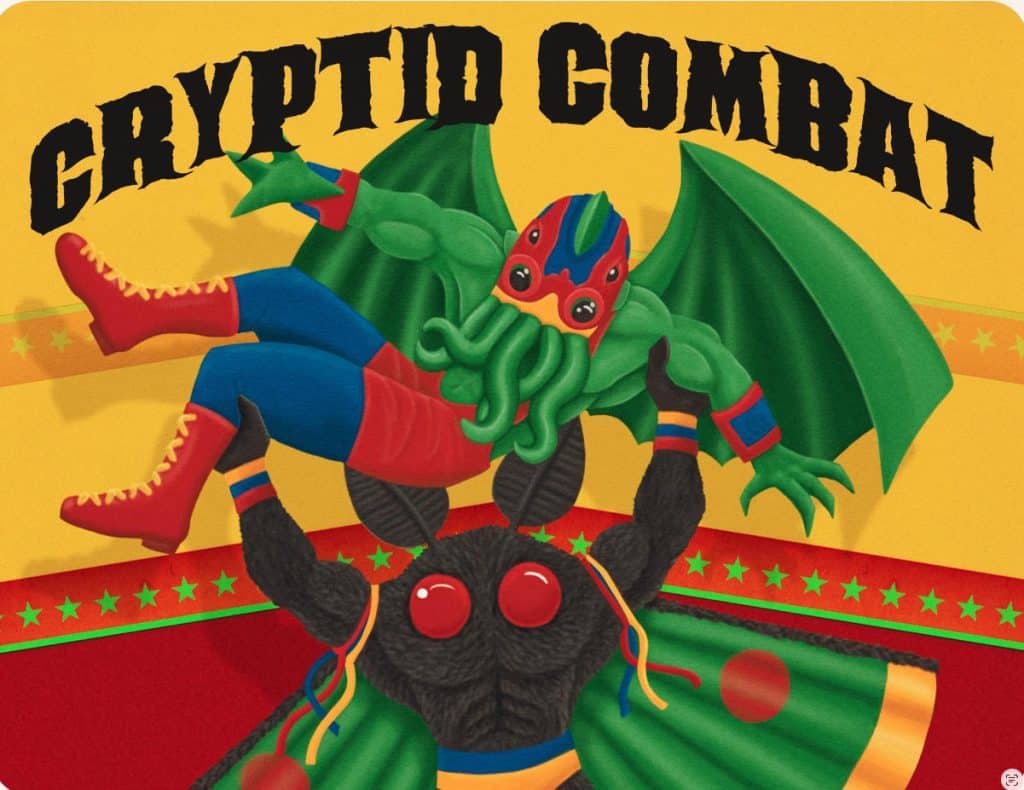 A cartoon-style illustration of two anthropomorphized cryptid creatures in a wrestling match. One is depicted with Cthulhu-like features wearing a colorful mask and cape, while the other is a creature resembling a humanoid bear with large eyes and a fluffy texture. The background features a vibrant yellow color with the words 'CRYPTID COMBAT' in bold text.