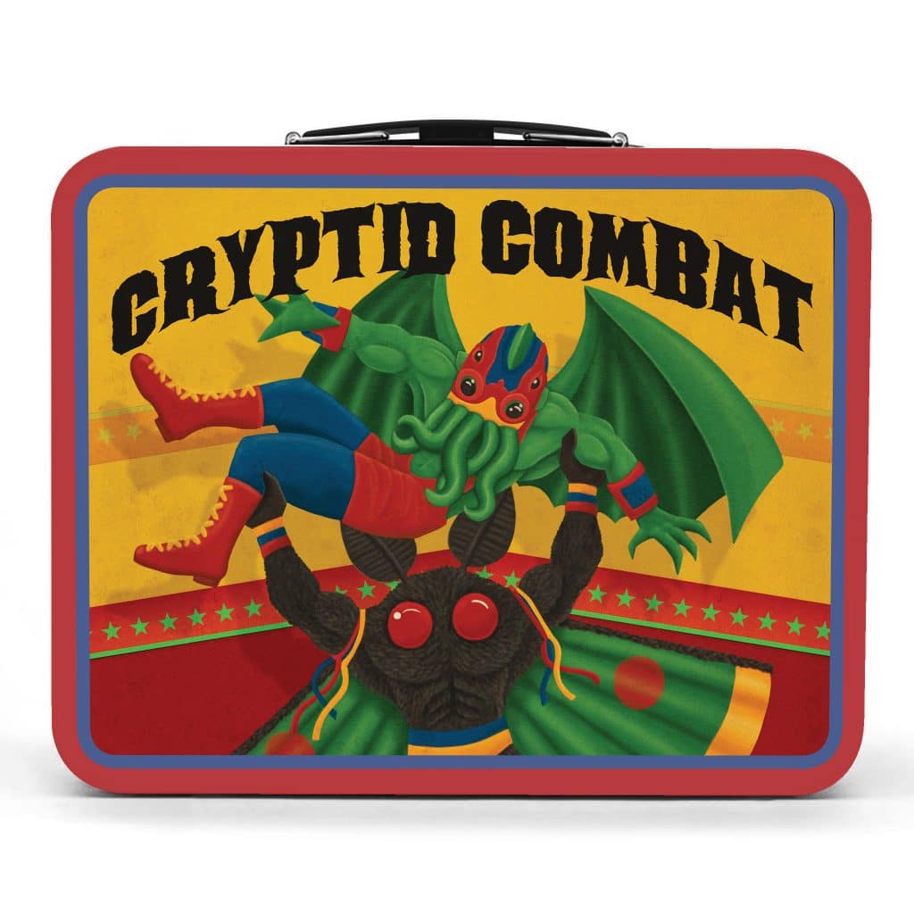Colorful illustration of two cartoon-style characters engaged in a wrestling match on a lunchbox, with the title 'Cryptid Combat' prominently displayed.