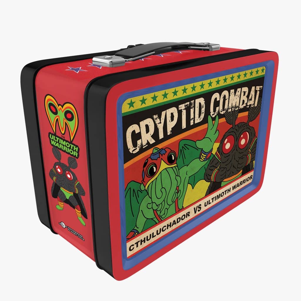 A colorful lunchbox featuring the design 'Cryptid Combat' with characters Cthuluchador and Ultimoth Warrior, showcasing a fun and quirky artwork.
