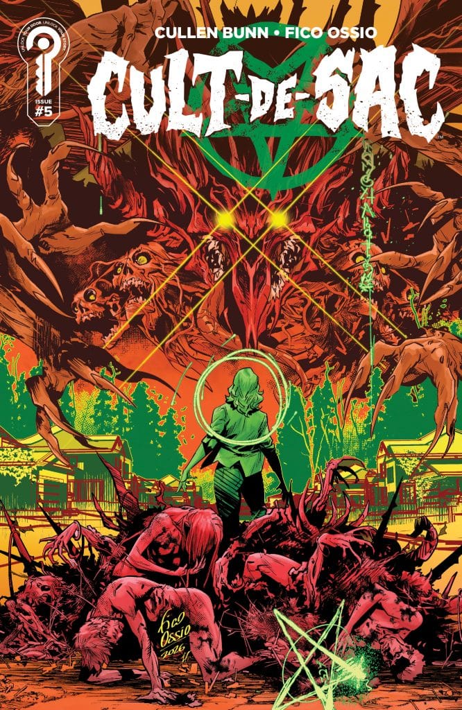 Cover art for the comic book 'Cult-de-Sac' issue #5, featuring a dramatic illustration of a mysterious figure in a green outfit standing over a pile of grotesque, twisted bodies against a vibrant orange and green background, with monstrous creatures looming in the sky.