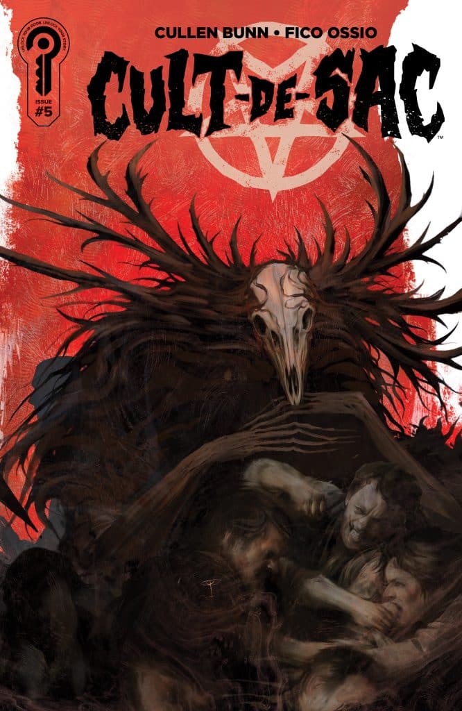 Cover of the comic book 'Cult-de-Sac' Issue #5, featuring dark, abstract art with a skull motif and chaotic figures in a struggle against a red background.