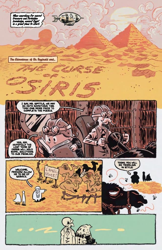 A comic-style illustration featuring a desert landscape with pyramids and an airship. The title reads 'The Curse of Osiris.' The scene includes anthropomorphic characters discussing a treasure hunt and solutions to problems in a whimsical setting.