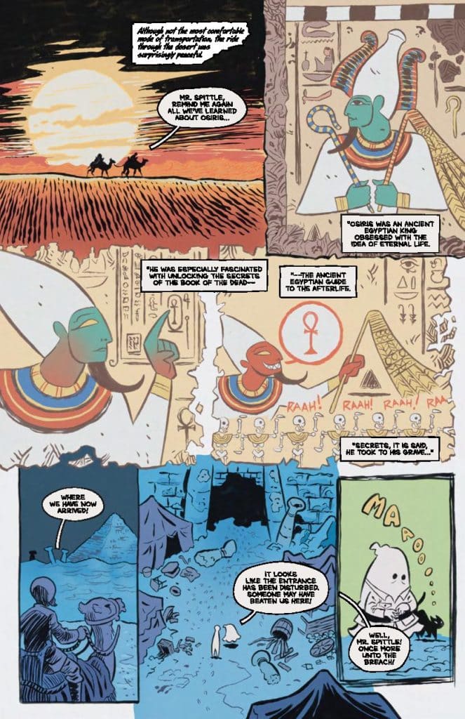 A comic panel depicting two characters riding camels in a desert at sunset, alongside ancient Egyptian hieroglyphics and illustrations of Osiris, an ancient Egyptian king. The characters discuss the secrets of the Book of the Dead and the afterlife, with one character commenting on a disturbed entrance to a tomb.