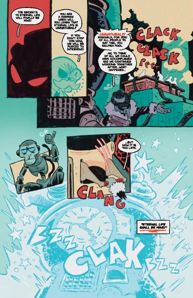 Comic panel depicting a confrontation about the nature of eternal life, featuring a character in a menacing costume and dialogue expressing the desire to obtain eternal life.