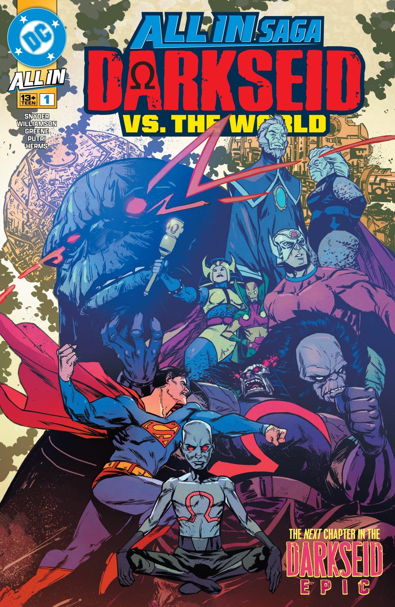 Cover of the comic book 'All In Saga: Darkseid vs. The World' featuring various characters including Superman and Darkseid, with vibrant colors and dynamic poses.