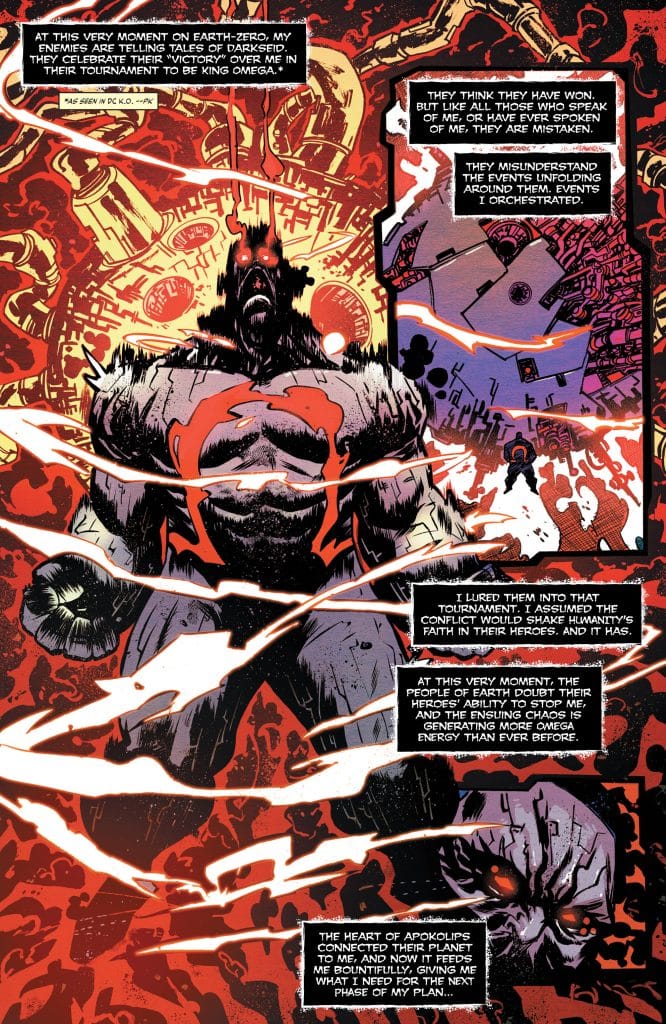 A dark and dramatic comic book panel featuring a powerful antagonist, surrounded by chaotic energy and futuristic technology, with ominous red and black colors, conveying a sense of tension and foreboding.