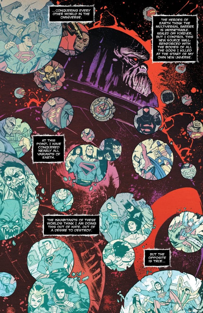 Comic page featuring various characters from the DC Universe, including superheroes and villains, with illustrations of Superman, Batman, and other iconic figures in different circular frames against a dark, abstract background.