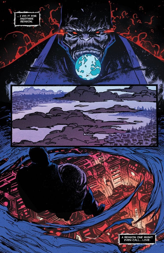 A dramatic comic book panel depicting a menacing figure looming over a small globe, with dark colors and intense expressions. Below, another character is seen sitting in a whirlpool of vibrant red and blue, looking contemplative against a city backdrop.