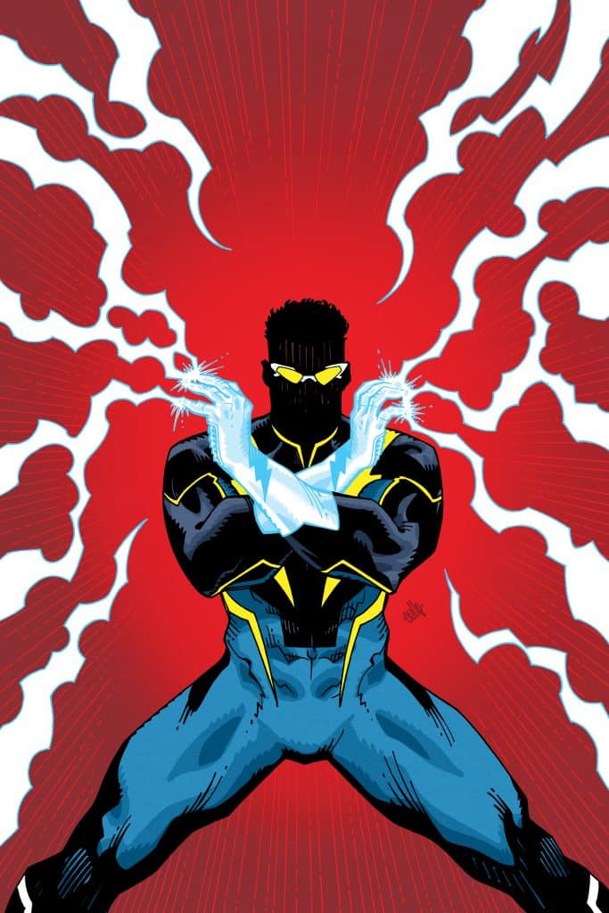 A superhero in a black and blue costume with yellow accents, striking a powerful pose with arms crossed. Blue lightning effects emanate from his hands, set against a bright red background.