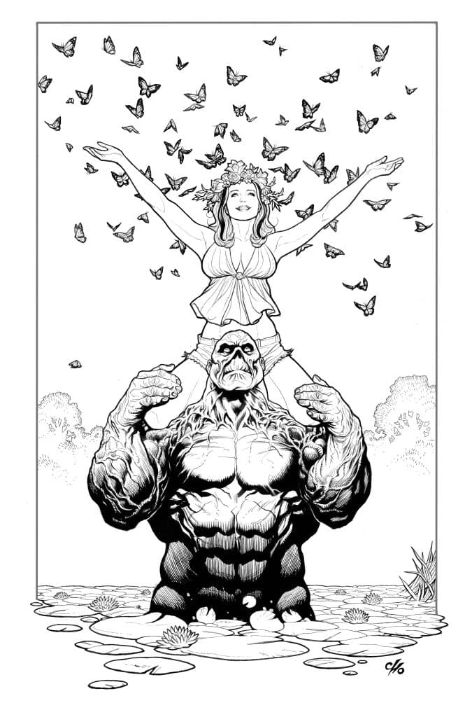 A muscular figure emerges from water, supporting a girl with outstretched arms, surrounded by butterflies. The scene conveys a sense of harmony between nature and strength.