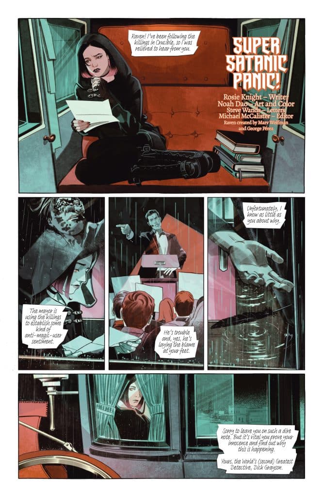 A comic page titled 'SUPER SATANIC PANIC!' features a female character named Raven reading a letter, seated on a red sofa. Various scenes depict a meeting where a mayor speaks to an audience, discussing anti-magic sentiments. The final panel shows Raven looking out from a carriage, with a note from Dick Grayson reassuring her.