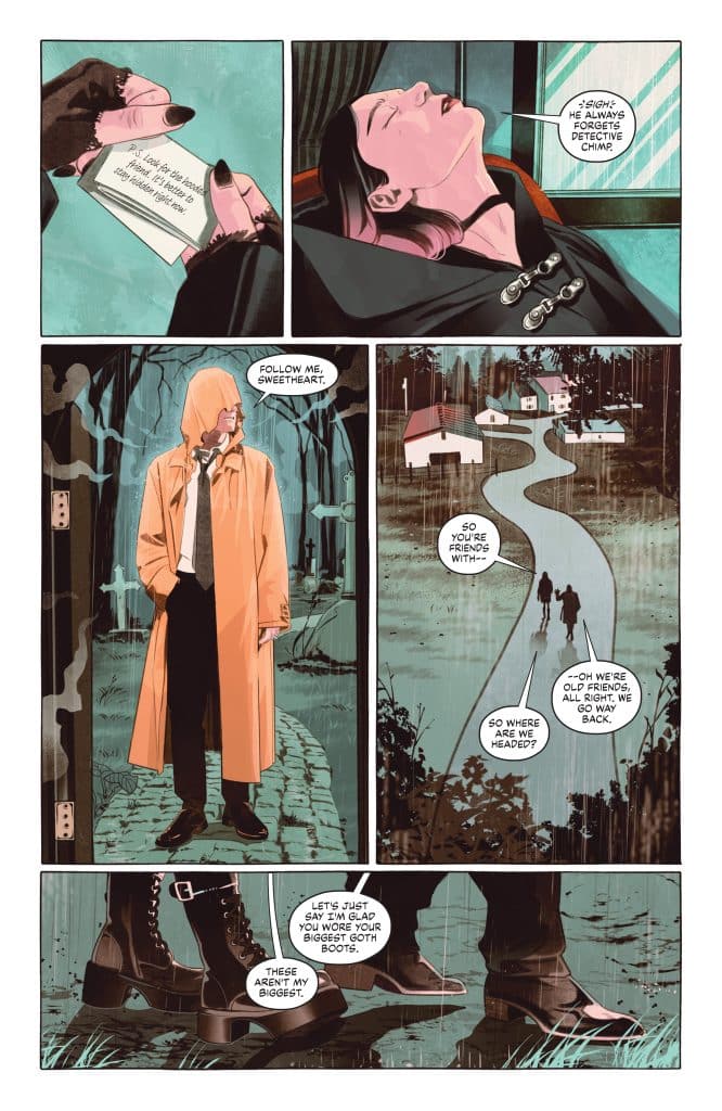 A comic page featuring two characters in conversation, with one character in a yellow raincoat and the other dressed in black. The background shows a scenic path leading to a house, set in a rainy atmosphere, with dialogue bubbles conveying their interactions.