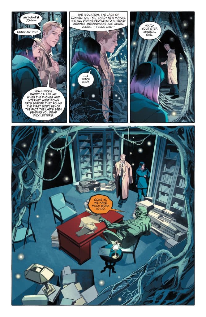 A comic book page featuring characters discussing a witch hunt in a dark, mystical library. One character is named John Constantine, and another is a magical girl. The scene includes a desk with books and a lantern, surrounded by shelves filled with books.