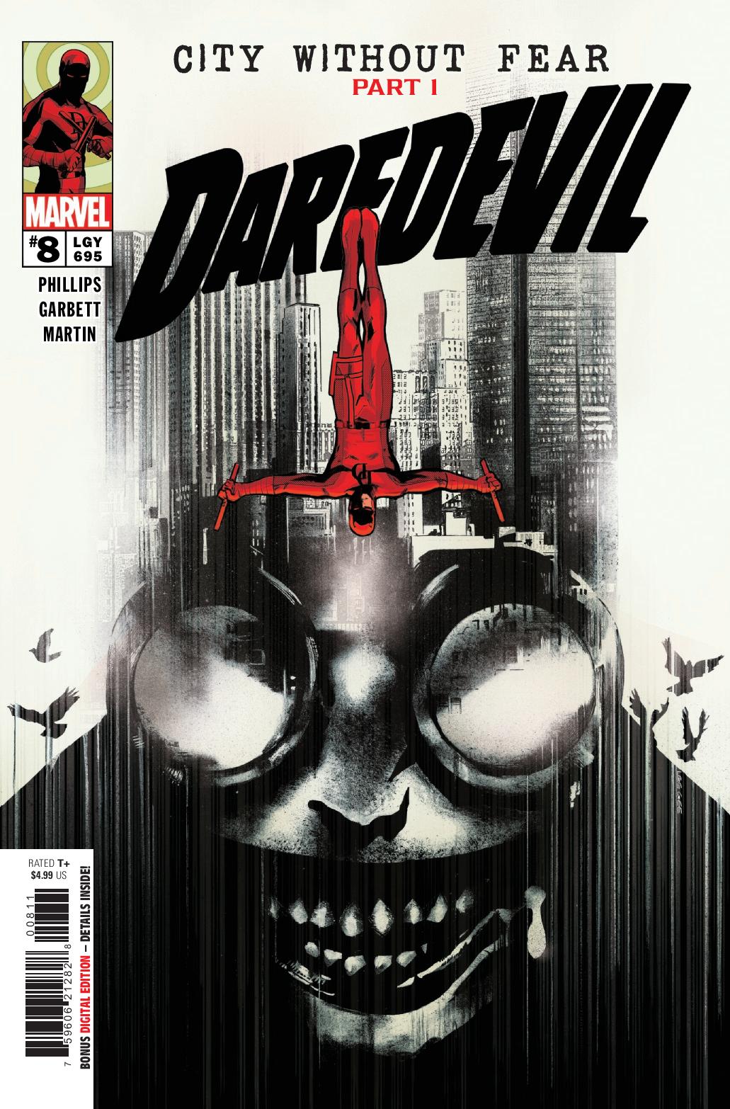 Cover of Daredevil comic issue #8 titled 'City Without Fear Part I', featuring a stylized red Daredevil figure hanging upside down with a dark cityscape background and a sinister, ghostly face peering through dark glasses.