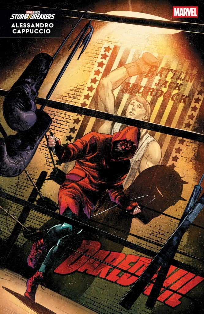 A dynamic comic book cover featuring a red-suited vigilante in action, with a vintage boxing poster of Battlin' Jack Murdock in the background, and the word 'DAREDEVIL' prominently displayed at the bottom.
