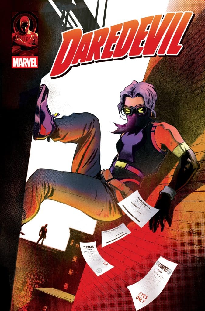 A stylized comic book cover featuring a character resembling Daredevil, dressed in a dark outfit with a purple and black mask, descending a building while papers labeled 'CLASSIFIED' float around.