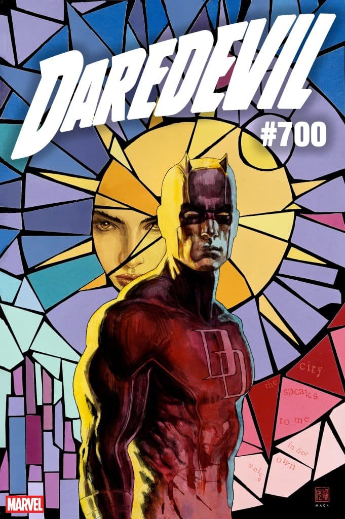 Cover image for Daredevil #700 featuring the superhero Daredevil in a dynamic pose, set against a colorful stained glass background with abstract shapes and hints of a woman's face.