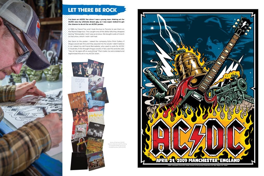 A detailed artist's sketch of an AC/DC poster featuring a red electric guitar, flames, and lightning bolts. In the background, a figure appears with vibrant colors representing a concert atmosphere, along with text indicating the date and location of the event.