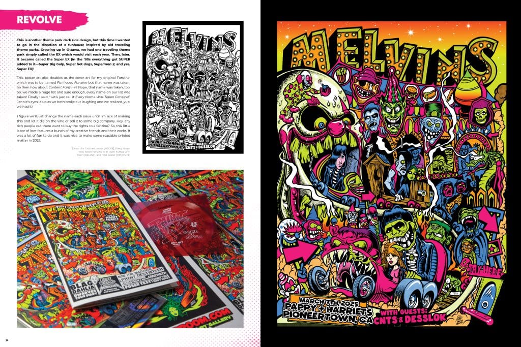 A vibrant poster design featuring the word 'MELVINS' in bold letters, surrounded by colorful, illustrated characters and scenes reflecting a carnival theme. The artwork includes various whimsical and spooky elements, such as clowns, monsters, and a vintage car, showcasing a playful and chaotic aesthetic.