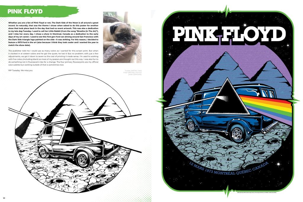 An artistic poster featuring a blue van on a moon-like surface with pyramids in the background, incorporating elements from Pink Floyd's 'The Dark Side of the Moon' album. The design includes a prism dispersing a rainbow light, with bold text reading 'PINK FLOYD' at the top and a date and location at the bottom.