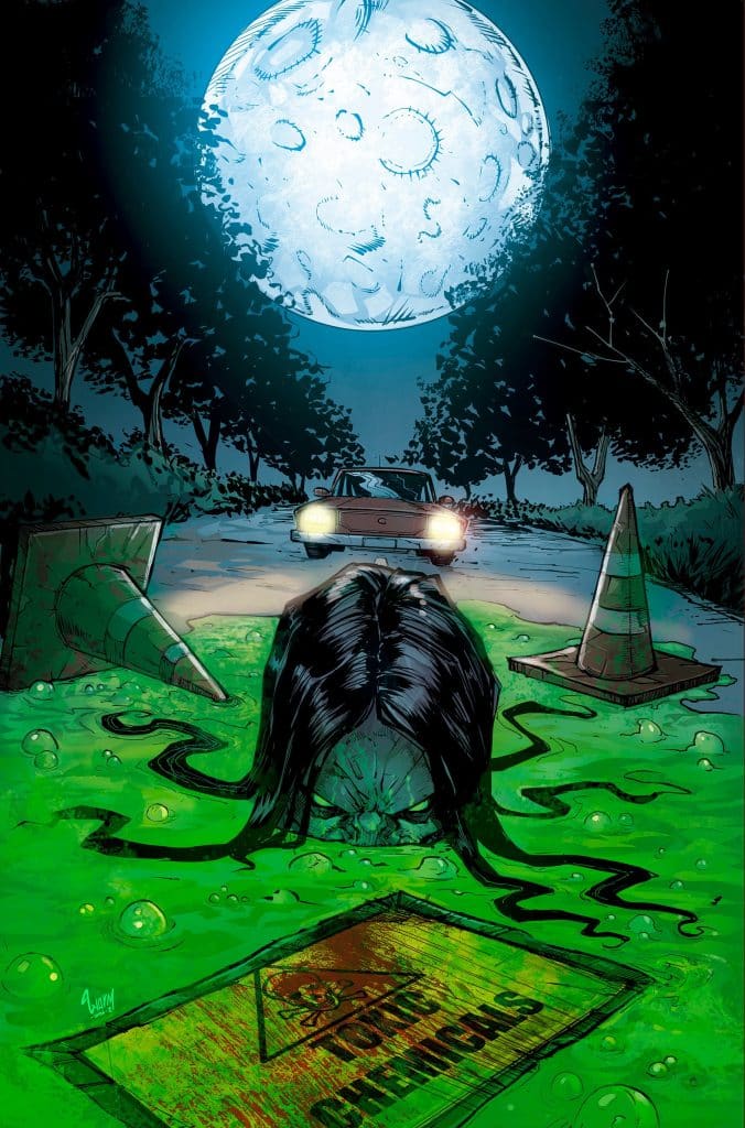 An eerie scene at night featuring a full moon illuminating a dark roadside. A car is parked nearby, and a figure with long black hair protrudes from green, toxic-looking sludge. Traffic cones are positioned around the area, and a warning sign reads 'TOXIC CHEMICALS'.