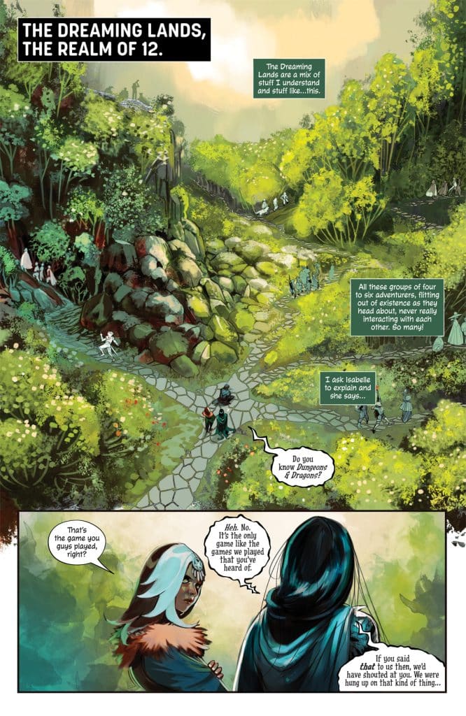 A vibrant fantasy landscape, depicting a pathway through lush greenery and rocky terrain. Two characters engage in conversation, with speech bubbles illustrating their dialogue. In the background, groups of adventurers are seen moving through the scene, suggesting a dynamic and magical realm.