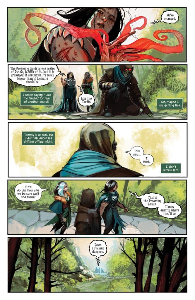 A fantasy comic panel depicting characters in a mystical setting known as the Dreaming Lands, featuring a woman with markings and an octopus-like creature, and two other characters engaged in conversation.