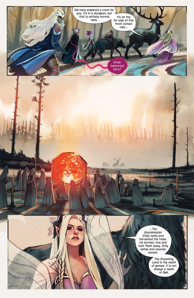 A group of characters in a mystical forest discussing events concerning a cursed vale, with one character expressing concern about past happenings.