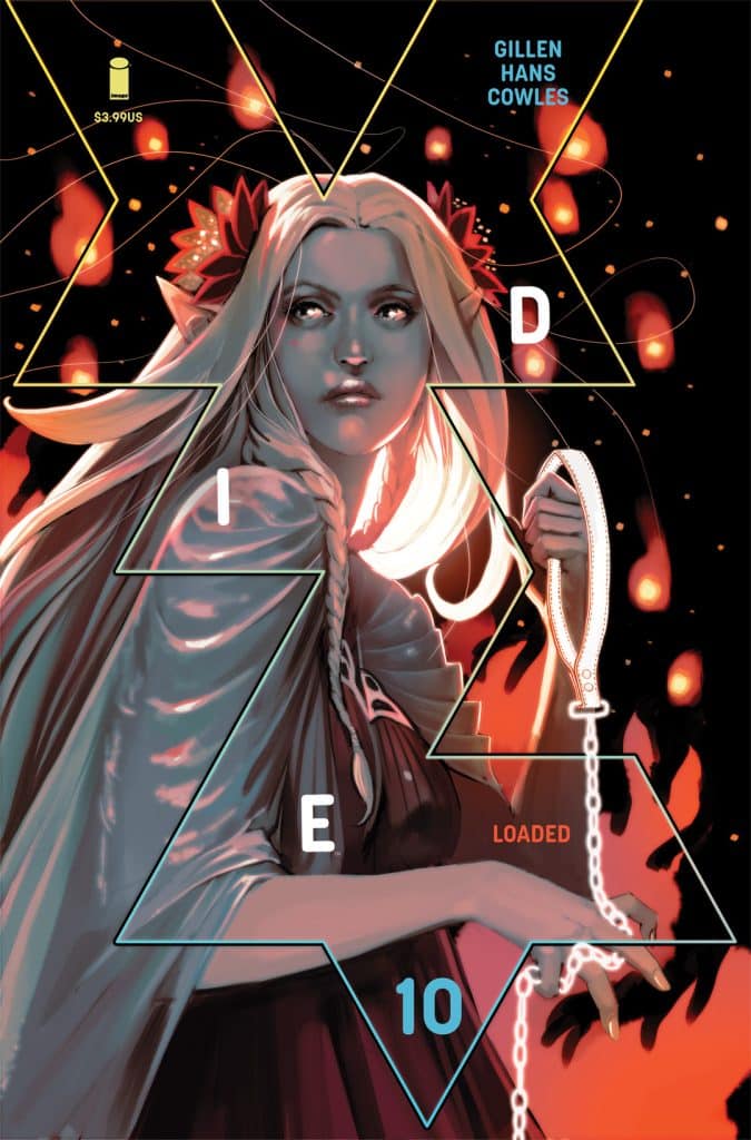 A fantasy-themed comic book cover featuring a pale-skinned woman with long, flowing hair and red floral accents. She holds a chain and gazes intensely towards the viewer against a backdrop of flames and ethereal lights. The title and author's names are prominently displayed in geometric shapes.