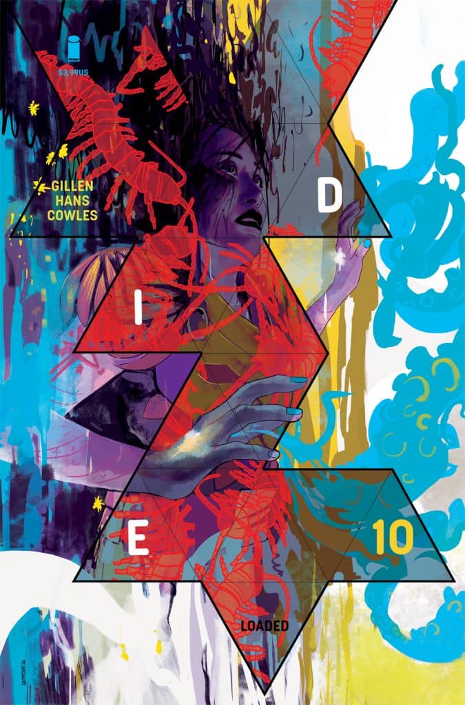 A vibrant comic book cover featuring abstract art, a figure with dark hair, and intricate red designs, with the title elements "DIE LOADED" prominently displayed.