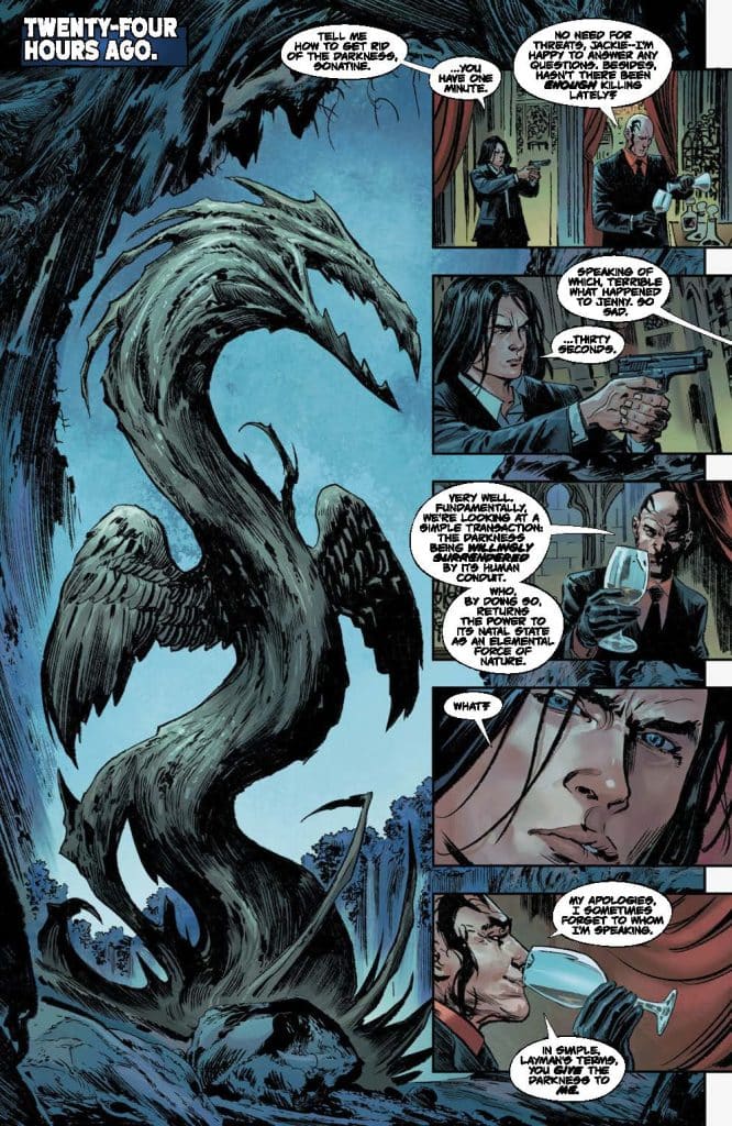 A comic book page featuring a dramatic scene with a stylized dark creature resembling a dragon or serpent. Two characters are engaged in a tense conversation about power and darkness, with one holding a glass of wine and the other aiming a gun. The layout includes speech bubbles and distinct art styles, emphasizing a dark fantasy theme.