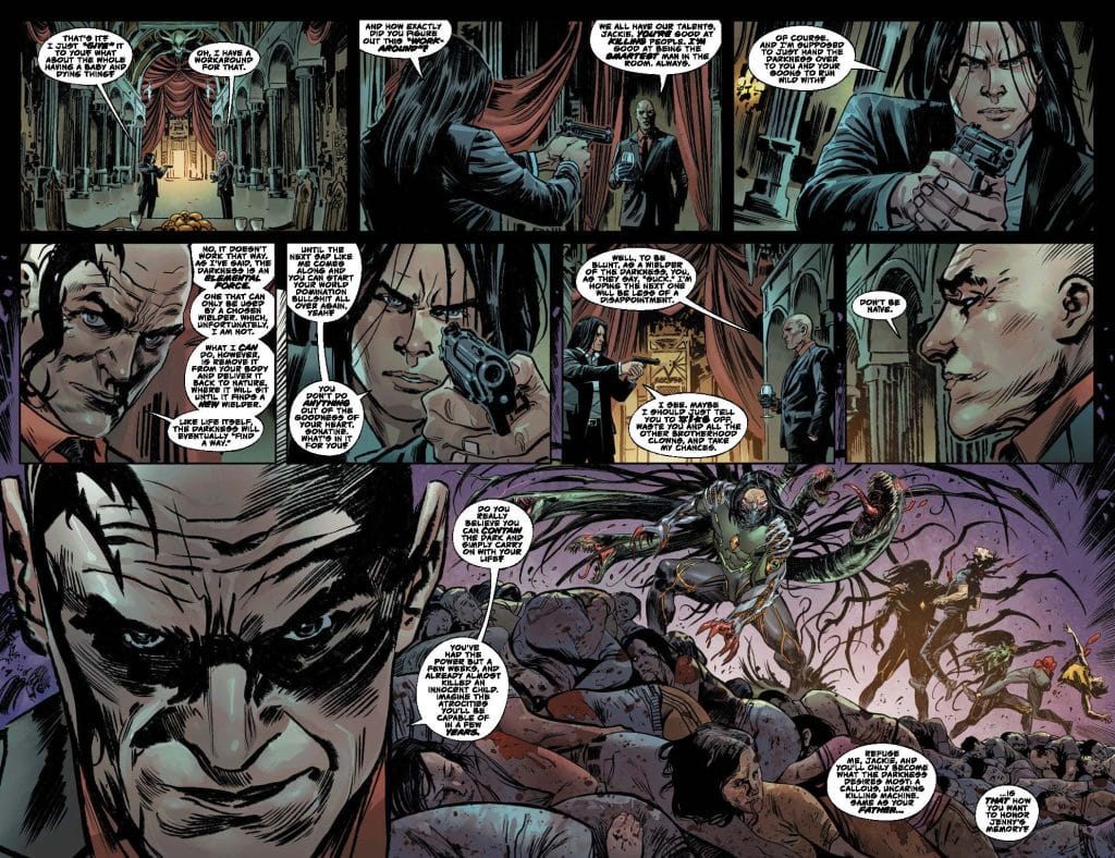 A dark comic book panel featuring two men in a grand, ominous interior. One man holds a gun pointed directly at the other while engaging in a tense conversation. Shadows and dramatic lighting enhance the atmosphere, with hints of supernatural elements in the background.