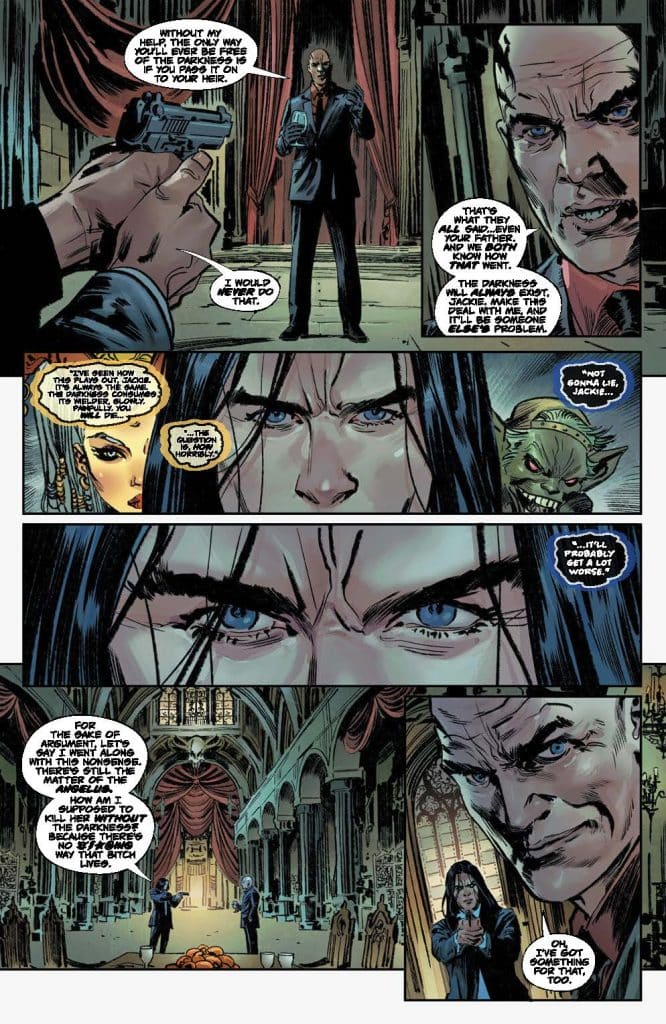 A tense confrontation in a gothic hall, featuring a man holding a gun and a figure with long hair and intense blue eyes. Tension is palpable as they discuss dark themes related to a curse and an heir. The scene is decorated with ornate architecture and dim lighting, suggesting a supernatural context.