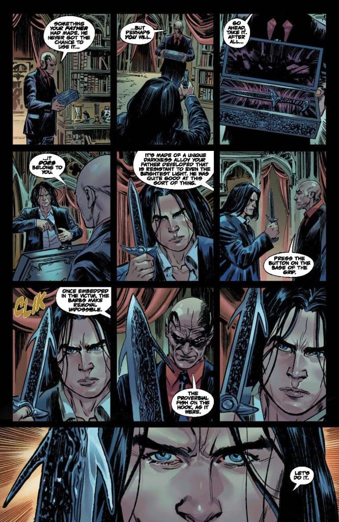 A comic book page featuring a conversation between two characters, one holding a mysterious box with swords. The other character examines a sword, and they discuss its significance and properties, including the uniqueness of its material.