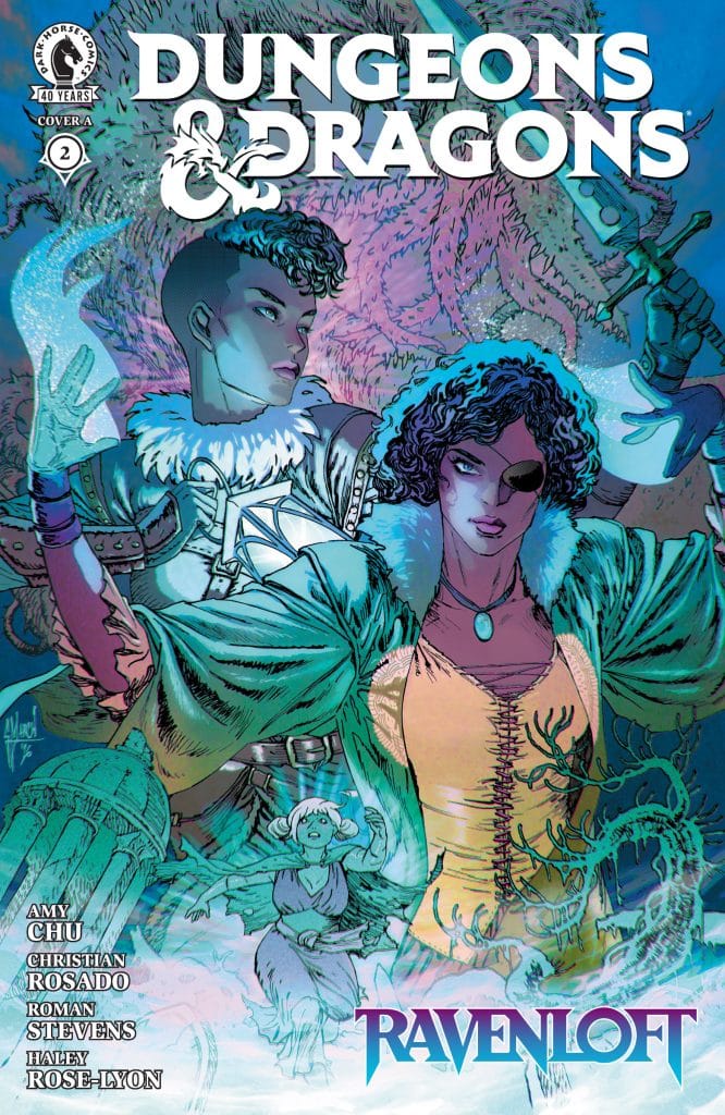 Cover of the Dungeons & Dragons comic 'Ravenloft' featuring two main characters, one with short hair wearing a fur-lined cloak and the other with long hair and an eye patch, surrounded by mystical elements.