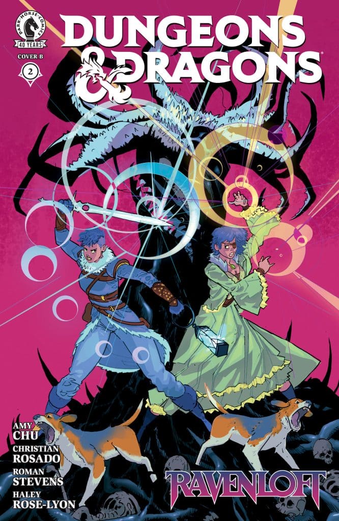 Cover of Dungeons & Dragons comic issue 2, featuring two adventurers in action poses against a supernatural backdrop with swirling magical effects, surrounded by wolves and dogs.