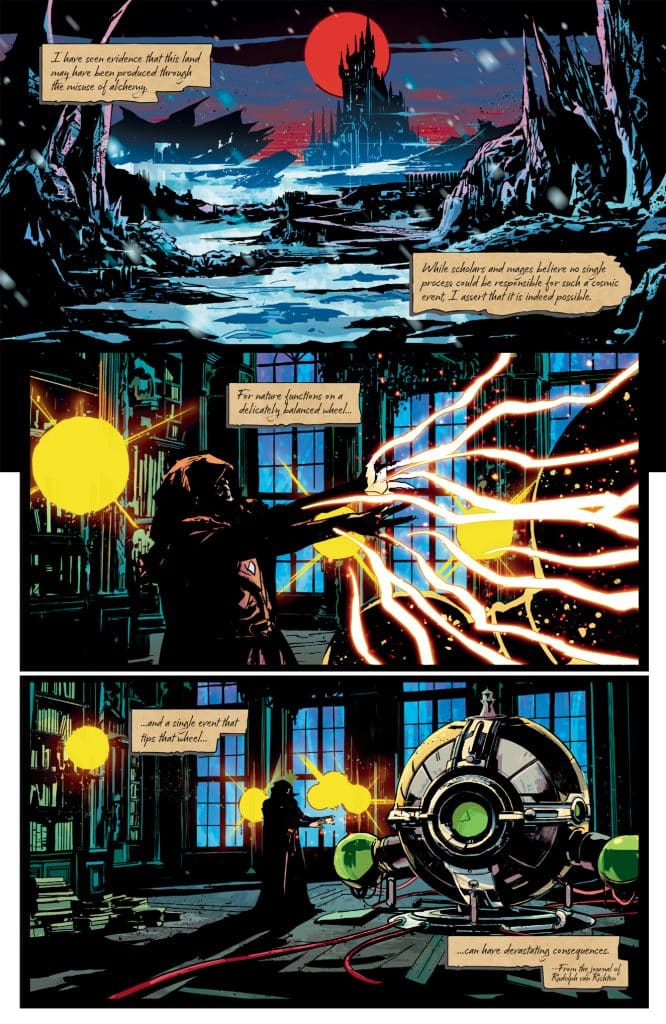 A mystical landscape with a dark castle silhouetted against a red sun, depicting a magical atmosphere. A figure in a cape manipulates energy streams in a dimly lit room filled with books, hinting at alchemical experiments. A mysterious orb with glowing elements sits nearby, suggesting potential consequences of magical disturbances.